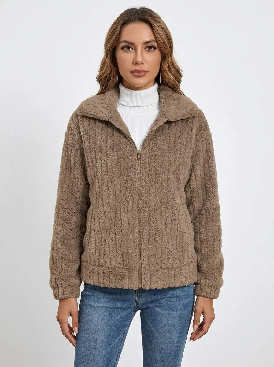 Women's Fleece Jacket Textured Collared Zip-Up Oversized Winter Coat Edenforth