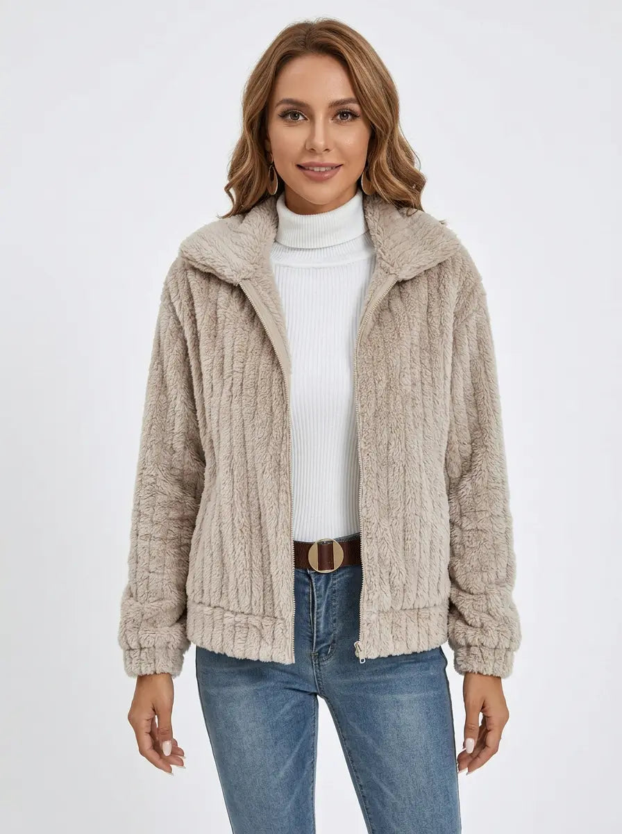 Women's Fleece Jacket Textured Collared Zip-Up Oversized Winter Coat Edenforth