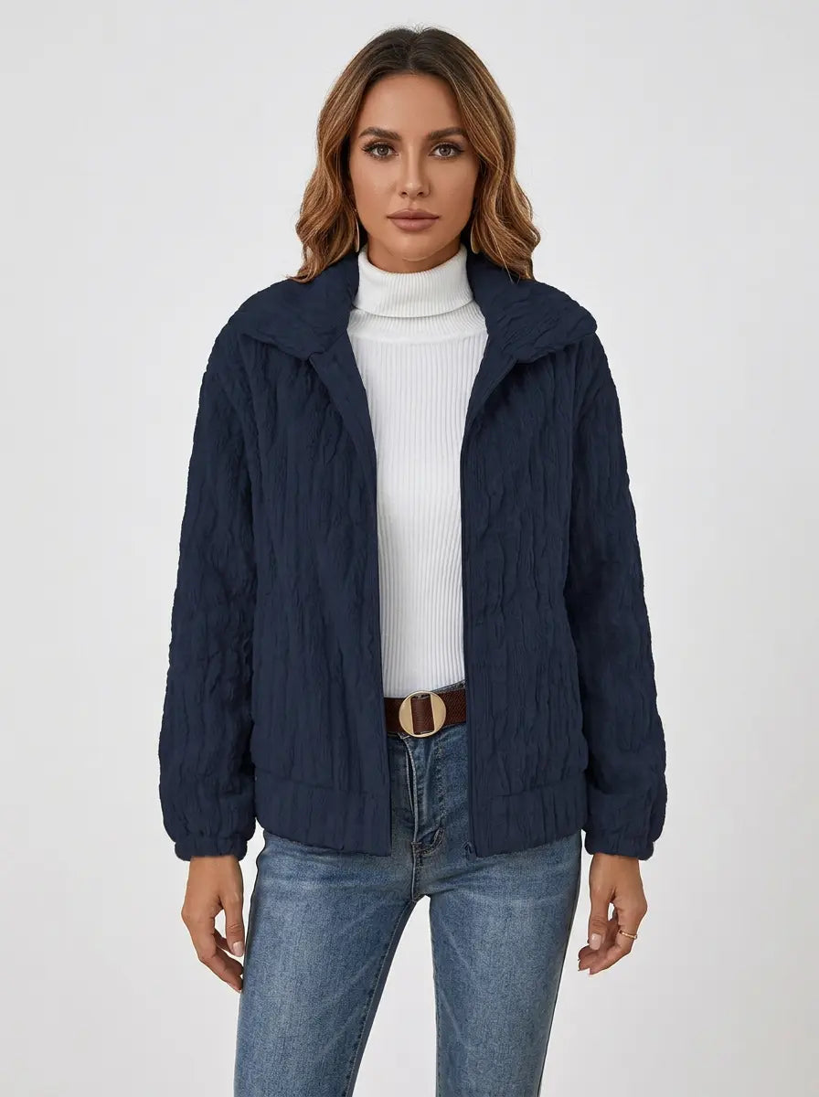 Women's Fleece Jacket Textured Collared Zip-Up Oversized Winter Coat Edenforth