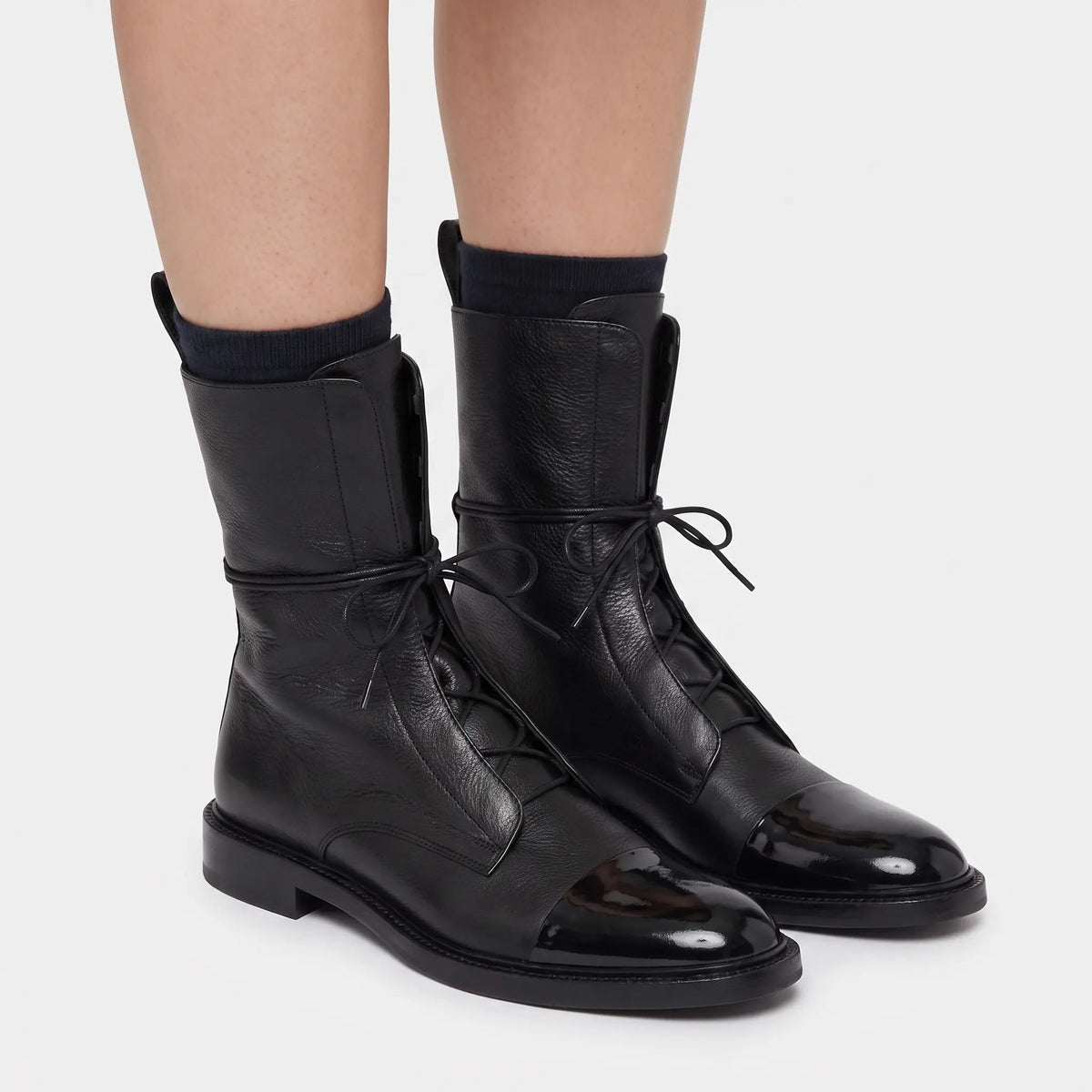Women's Lace-Up Ankle Patent Cap Toe Leather Combat Winter Boots Edenforth