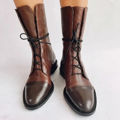Women's Lace-Up Ankle Patent Cap Toe Leather Combat Winter Boots Edenforth