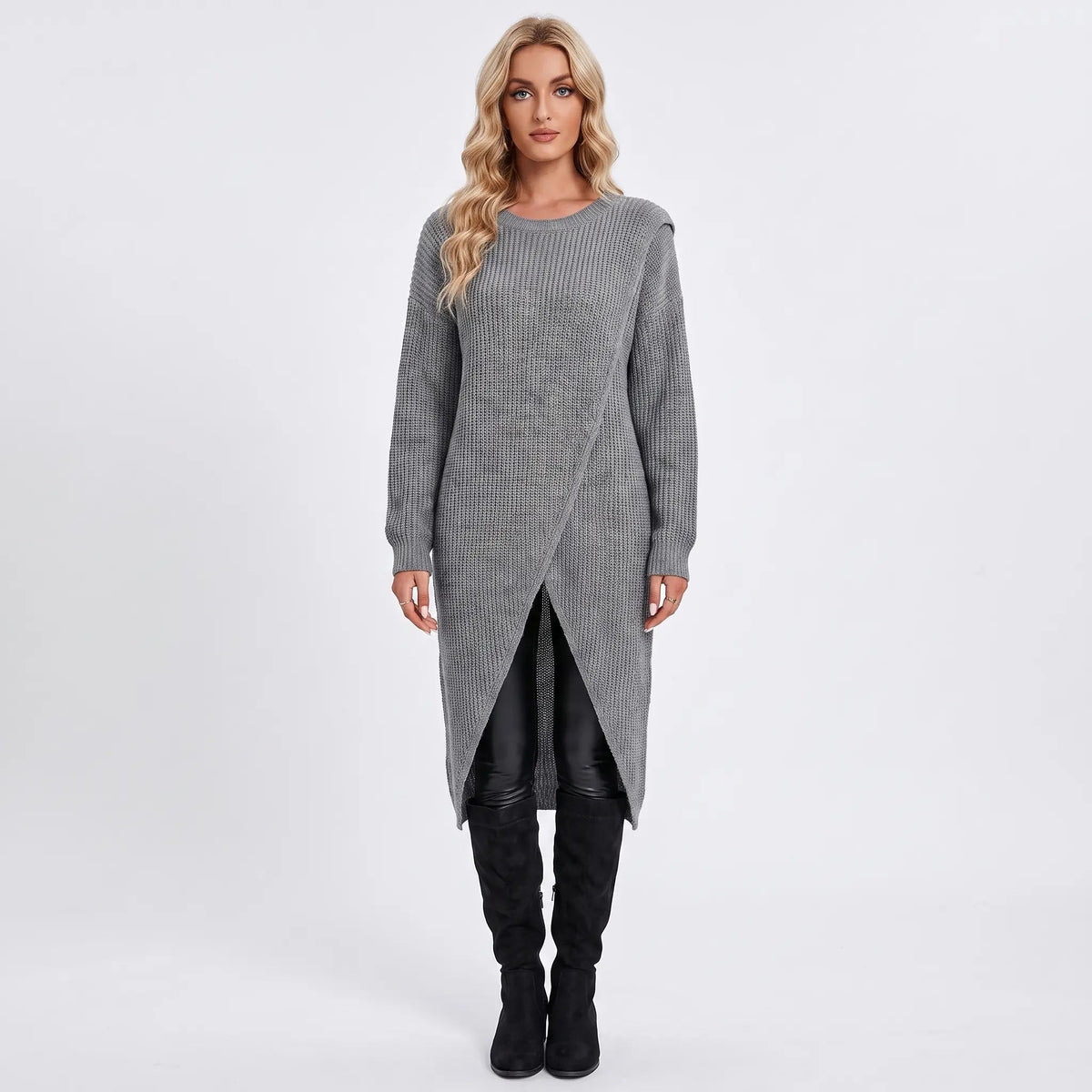 Women's Wrap Front Sweater Winter Dress Long-Sleeve Knit Maxi Tunic Edenforth