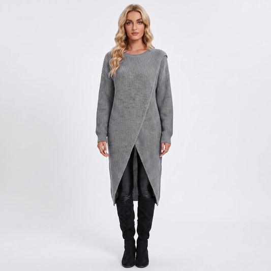 Women's Wrap Front Sweater Winter Dress Long-Sleeve Knit Maxi Tunic Edenforth