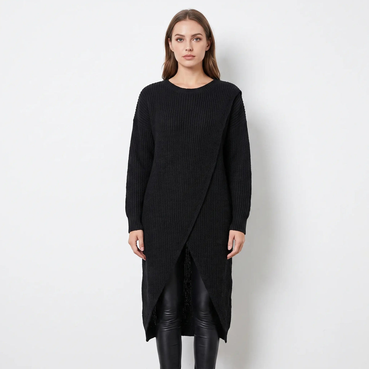 Women's Wrap Front Sweater Winter Dress Long-Sleeve Knit Maxi Tunic Edenforth