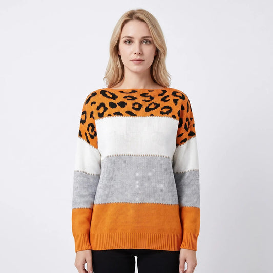 Women's Leopard Print Winter Sweater Colorblock Crew-Neck Knit Pullover Edenforth