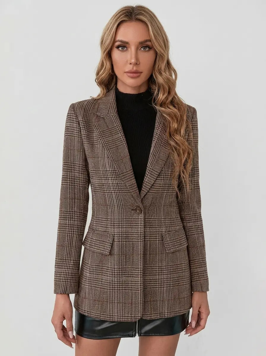 Women's Plaid Blazer Notched Lapel Single-Button Tailored Jacket Edenforth