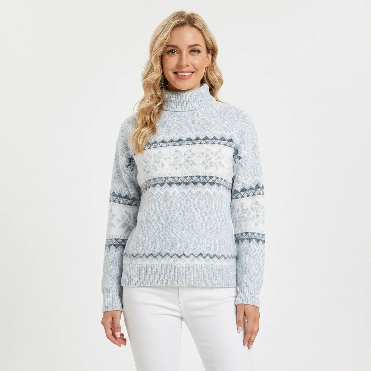 Women's Fair Isle Winter Sweater Snowflake Print Mock-Neck Knit Pullover Edenforth