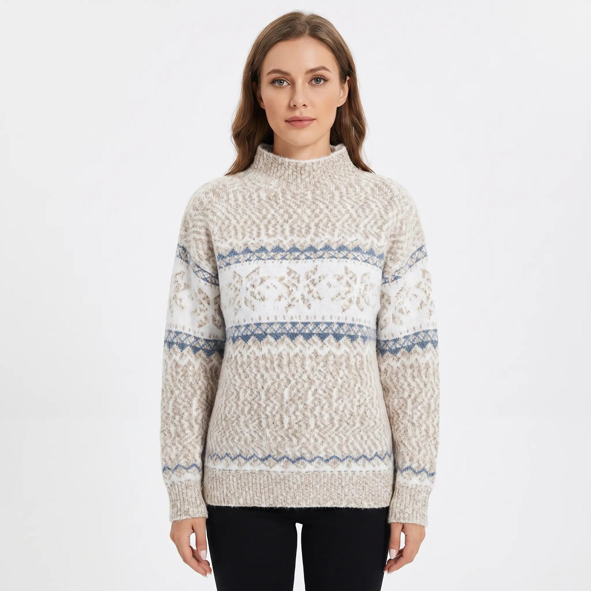 Women's Fair Isle Winter Sweater Snowflake Print Mock-Neck Knit Pullover Edenforth