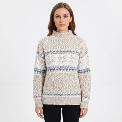 Women's Fair Isle Winter Sweater Snowflake Print Mock-Neck Knit Pullover Edenforth