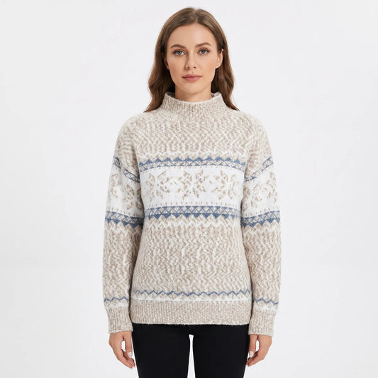 Women's Fair Isle Winter Sweater Snowflake Print Mock-Neck Knit Pullover Edenforth