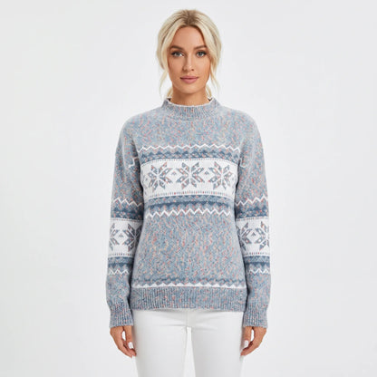 Women's Fair Isle Winter Sweater Snowflake Print Mock-Neck Knit Pullover Edenforth