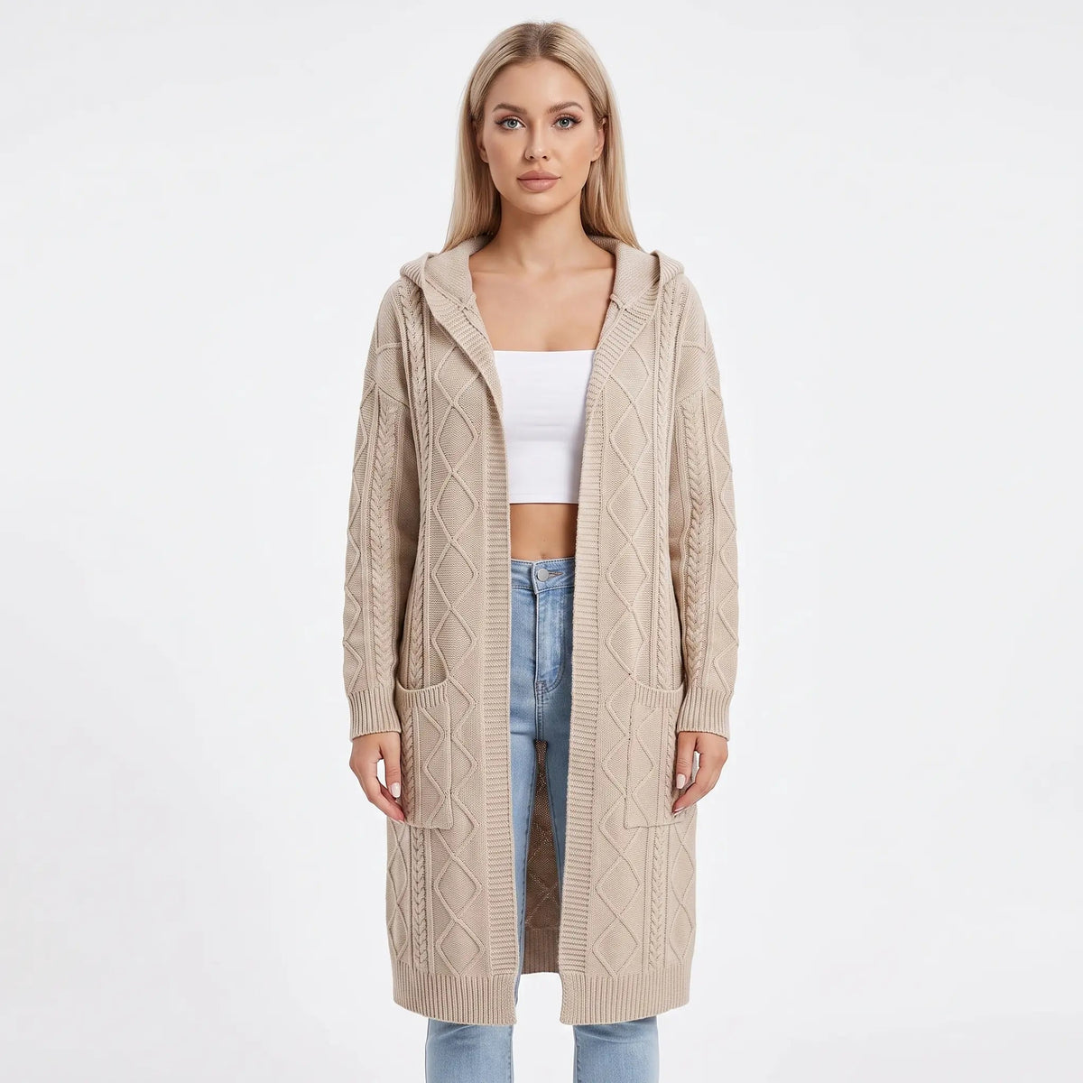 Women's Hooded Longline Cardigan Cable Knit Open-Front Winter Coat Edenforth