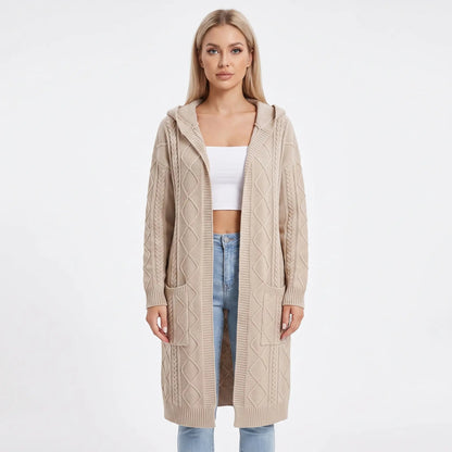 Women's Hooded Longline Cardigan Cable Knit Open-Front Winter Coat Edenforth