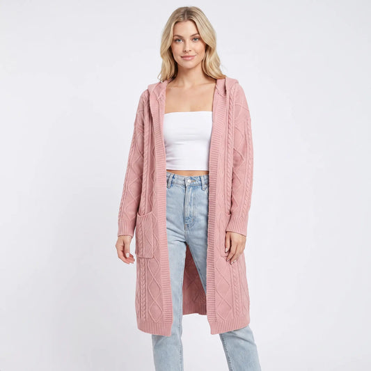 Women's Hooded Longline Cardigan Cable Knit Open-Front Winter Coat Edenforth