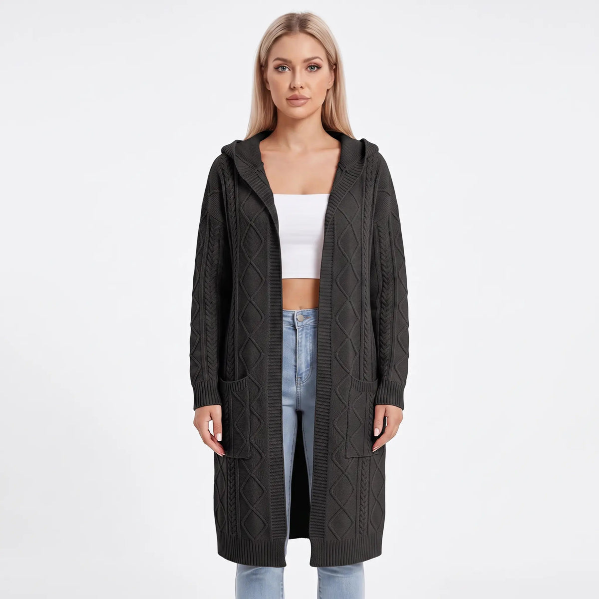 Women's Hooded Longline Cardigan Cable Knit Open-Front Winter Coat Edenforth