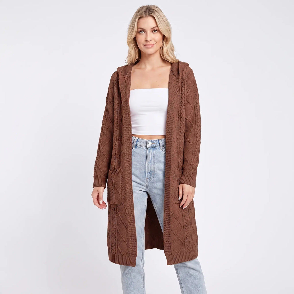 Women's Hooded Longline Cardigan Cable Knit Open-Front Winter Coat Edenforth