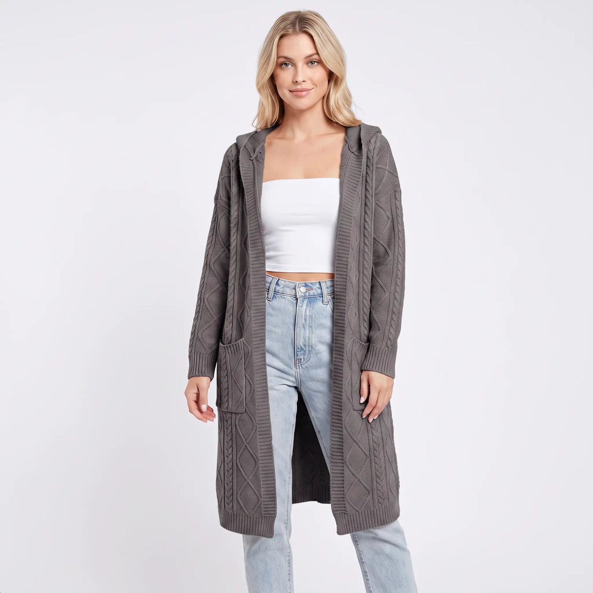 Women's Hooded Longline Cardigan Cable Knit Open-Front Winter Coat Edenforth