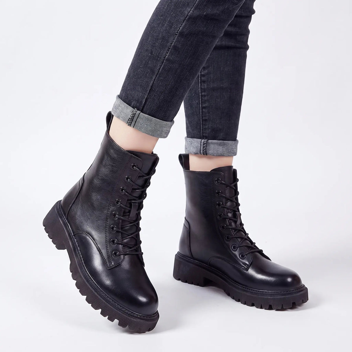 Women's Combat Lace-Up Leather Platform Ankle Winter Boots Edenforth