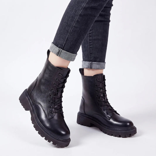 Women's Combat Lace-Up Leather Platform Ankle Winter Boots Edenforth
