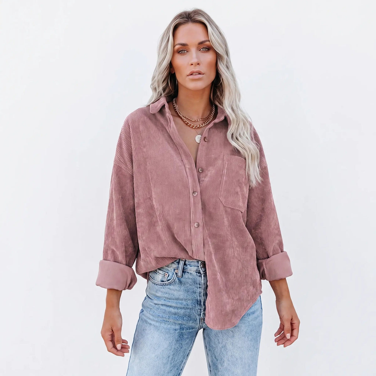 Women's Corduroy Fall Shirt Oversized Button-Down Long-Sleeve Blouse Edenforth
