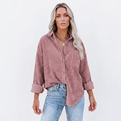 Women's Corduroy Fall Shirt Oversized Button-Down Long-Sleeve Blouse Edenforth