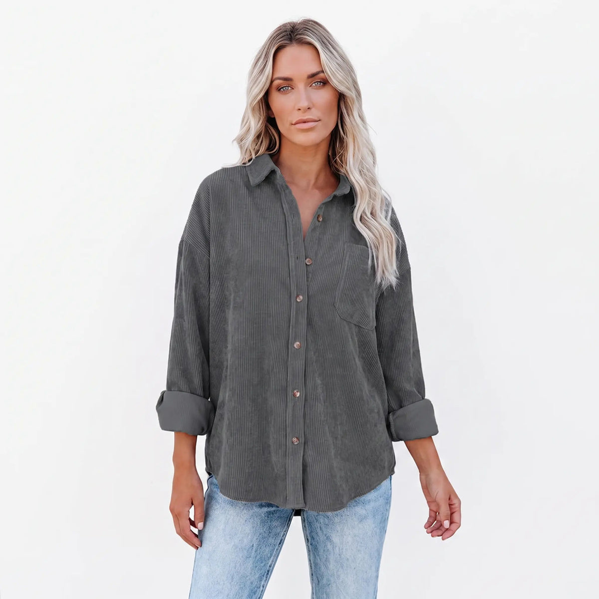Women's Corduroy Fall Shirt Oversized Button-Down Long-Sleeve Blouse Edenforth