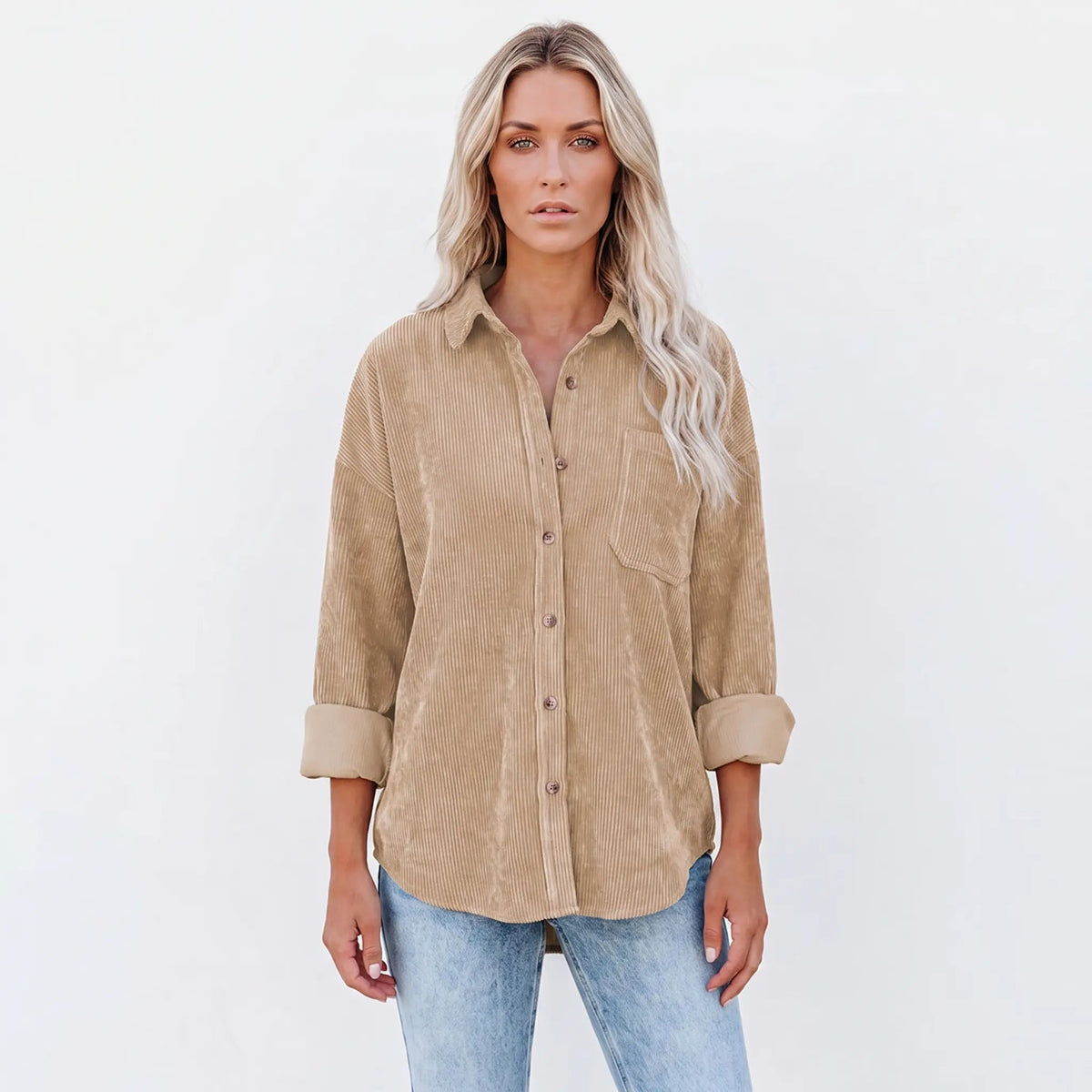 Women's Corduroy Fall Shirt Oversized Button-Down Long-Sleeve Blouse Edenforth