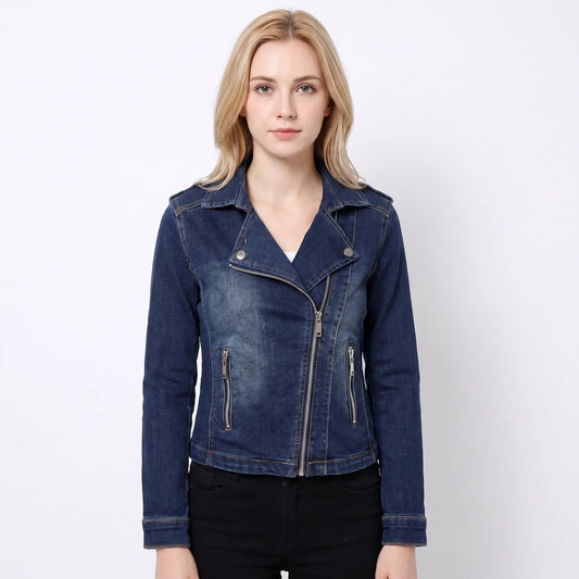 Women's Denim Moto Asymmetric Zip Cropped Biker Fall Jacket Edenforth