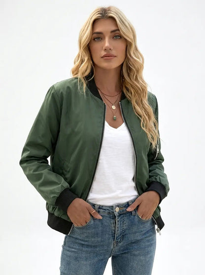 Women's Bomber Jacket Ribbed Collar Zip-Up Fall Coat Edenforth