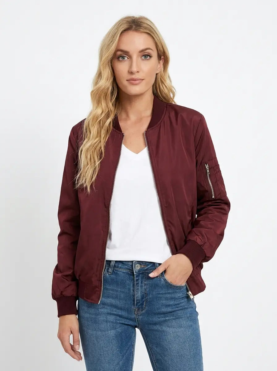 Women's Bomber Jacket Ribbed Collar Zip-Up Fall Coat Edenforth