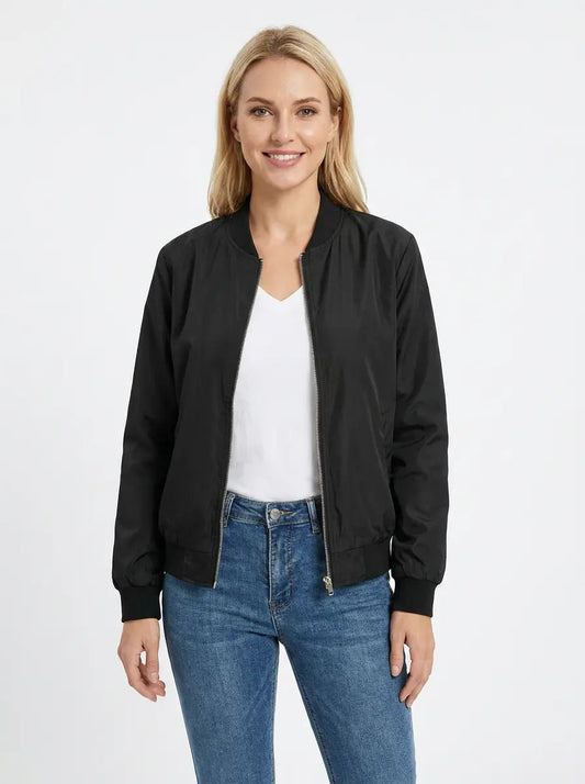 Women's Bomber Jacket Ribbed Collar Zip-Up Fall Coat Edenforth