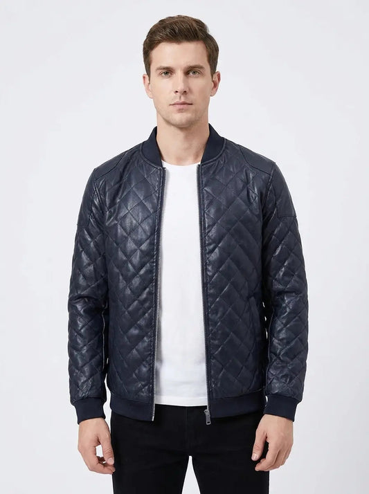 Men's Quilted Leather Jacket Fleece Lined Zip-Up Fall Bomber Edenforth