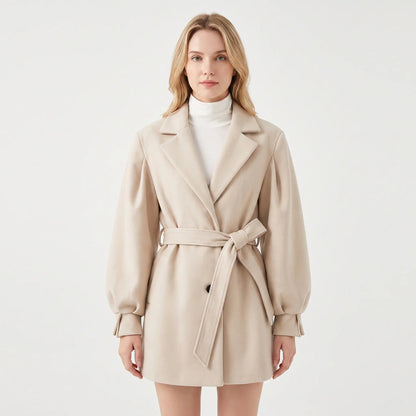 Women's Belted Wool Coat Oversized Balloon Sleeve Short Winter Overcoat Edenforth