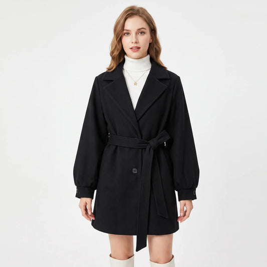 Women's Belted Wool Coat Oversized Balloon Sleeve Short Winter Overcoat Edenforth