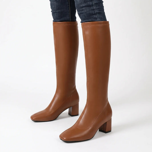 Women's Knee-High Square Toe Block Heel Zip-Up Winter Boots Edenforth