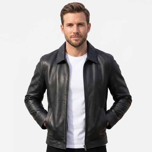 Men's Leather Jacket Collared Zip-Up Fall Coat Edenforth