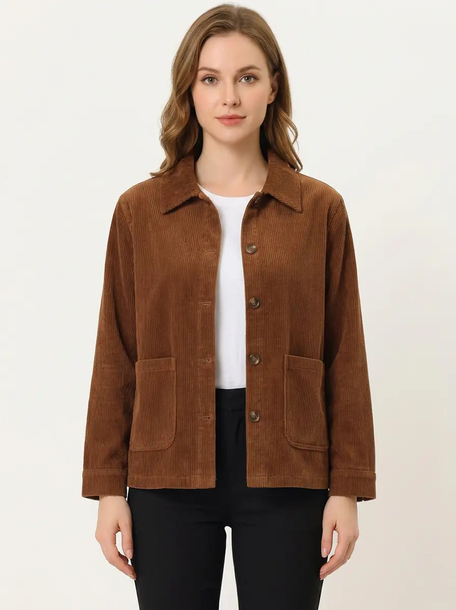 Women's Corduroy Jacket Button-Up Collared Utility Fall Coat Edenforth