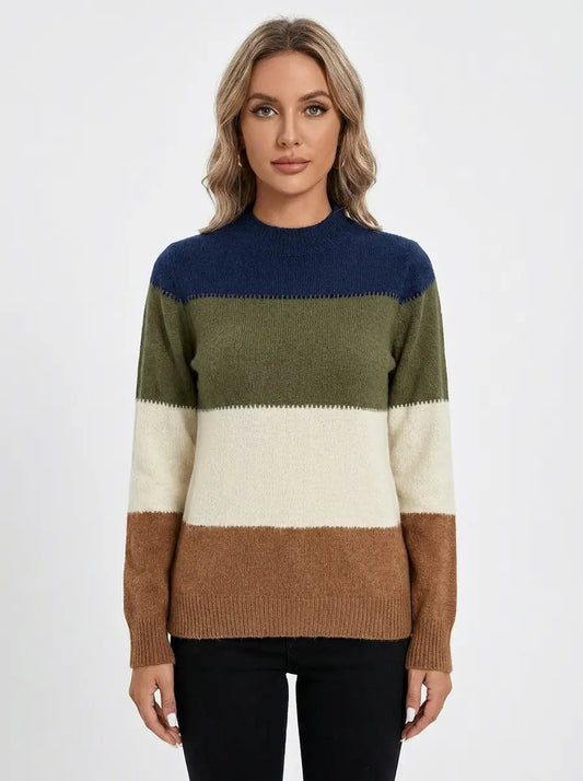 Women's Colorblock Winter Sweater Mock-Neck Striped Knit Pullover Edenforth
