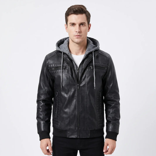 Men's Leather Removable Hood Zip-Up Moto Fall Jacket Edenforth