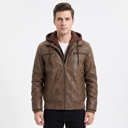 Men's Leather Removable Hood Zip-Up Moto Fall Jacket Edenforth