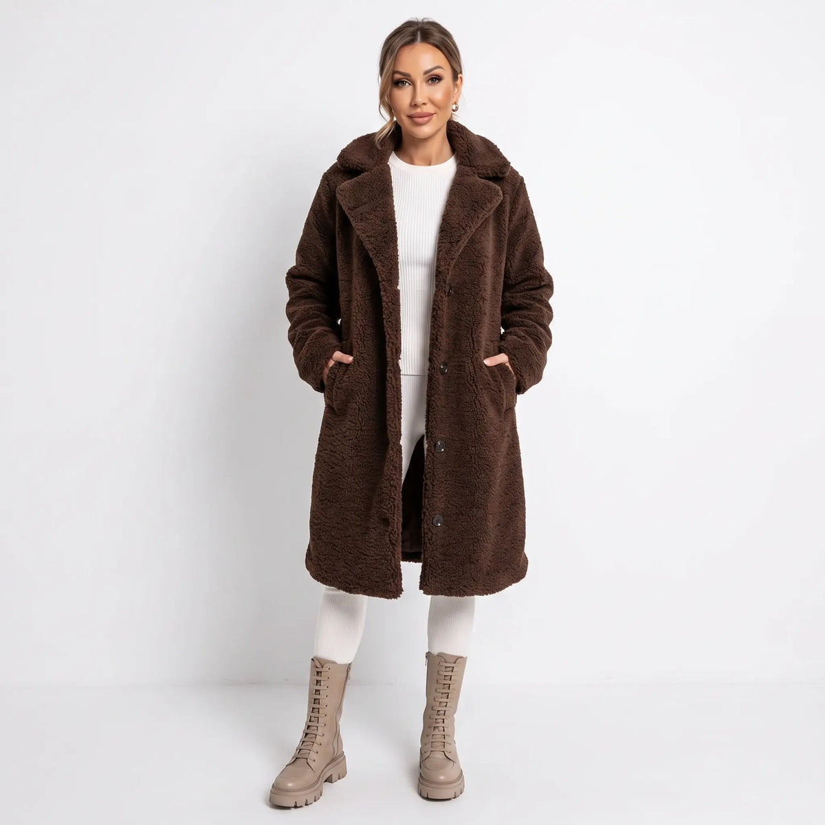 Women's Teddy Coat Notched Collar Button-Front Longline Winter Jacket Edenforth