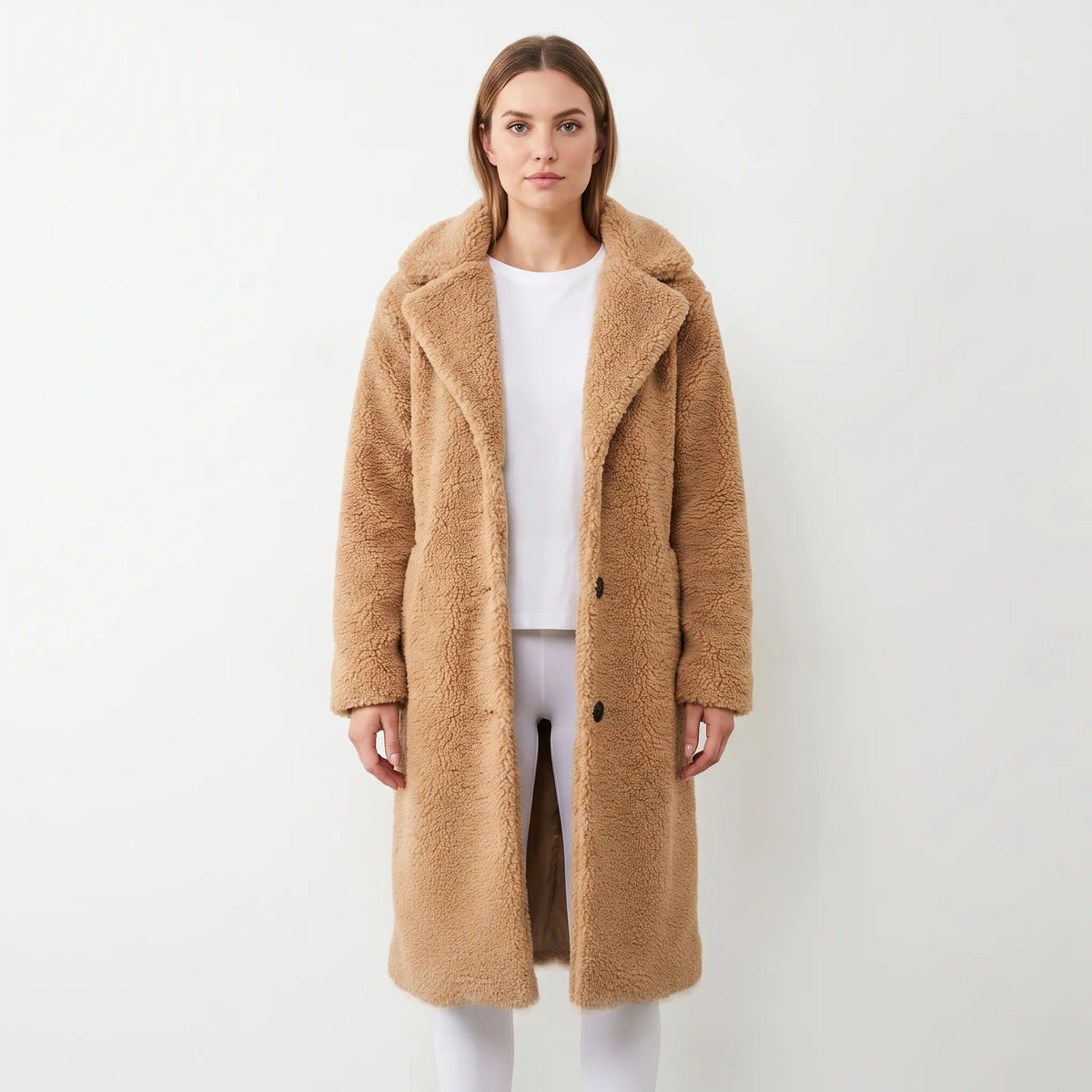 Women's Teddy Coat Notched Collar Button-Front Longline Winter Jacket Edenforth