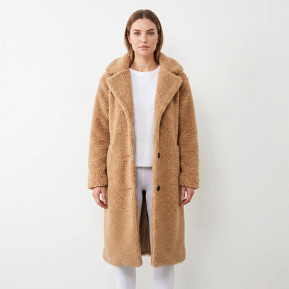Women's Teddy Coat Notched Collar Button-Front Longline Winter Jacket Edenforth