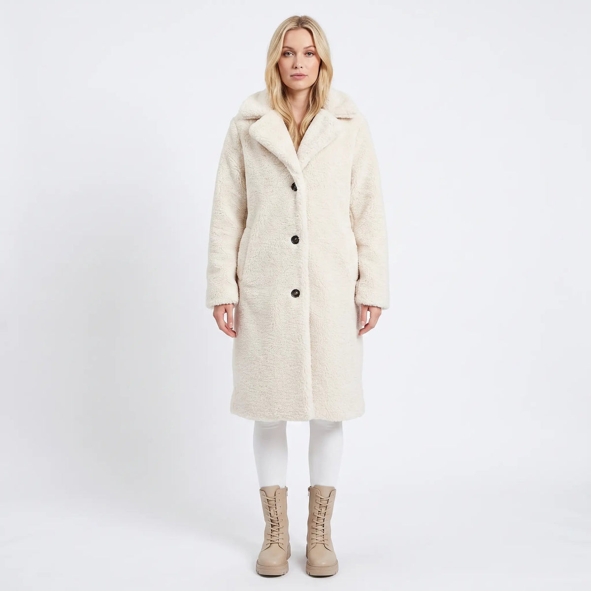 Women's Teddy Coat Notched Collar Button-Front Longline Winter Jacket Edenforth