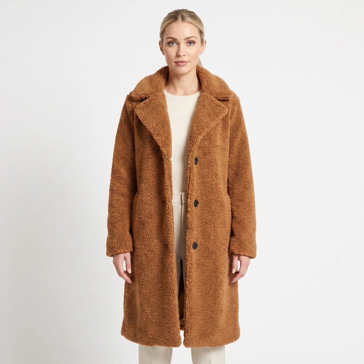 Women's Teddy Coat Notched Collar Button-Front Longline Winter Jacket Edenforth