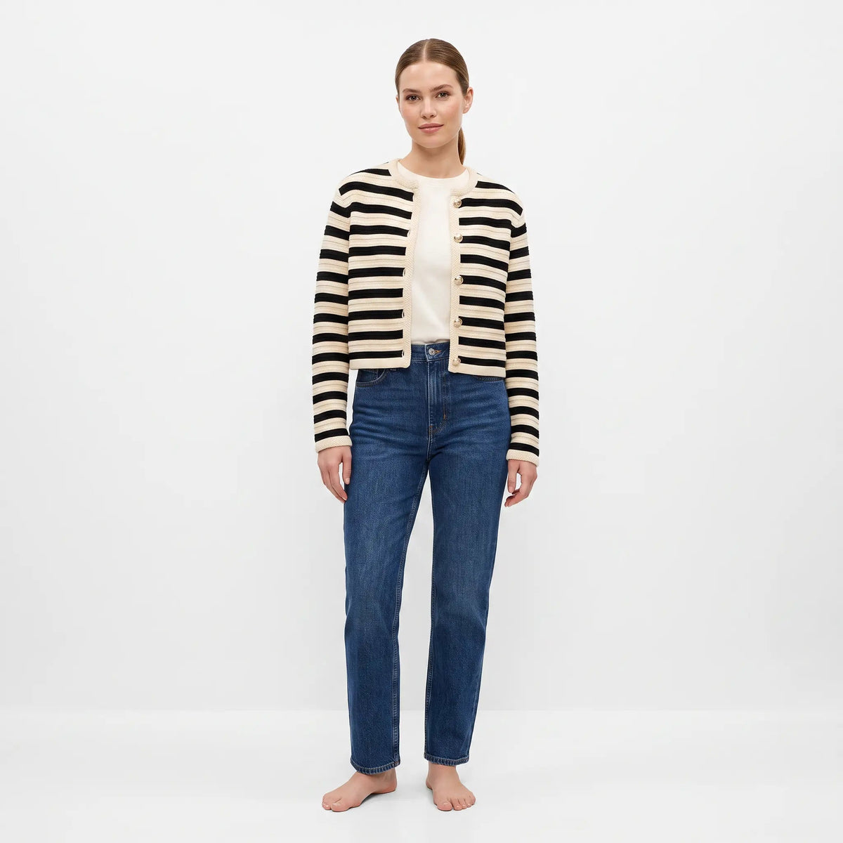 Women's Striped Cardigan Button-Front Crew-Neck Cropped Winter Sweater Edenforth