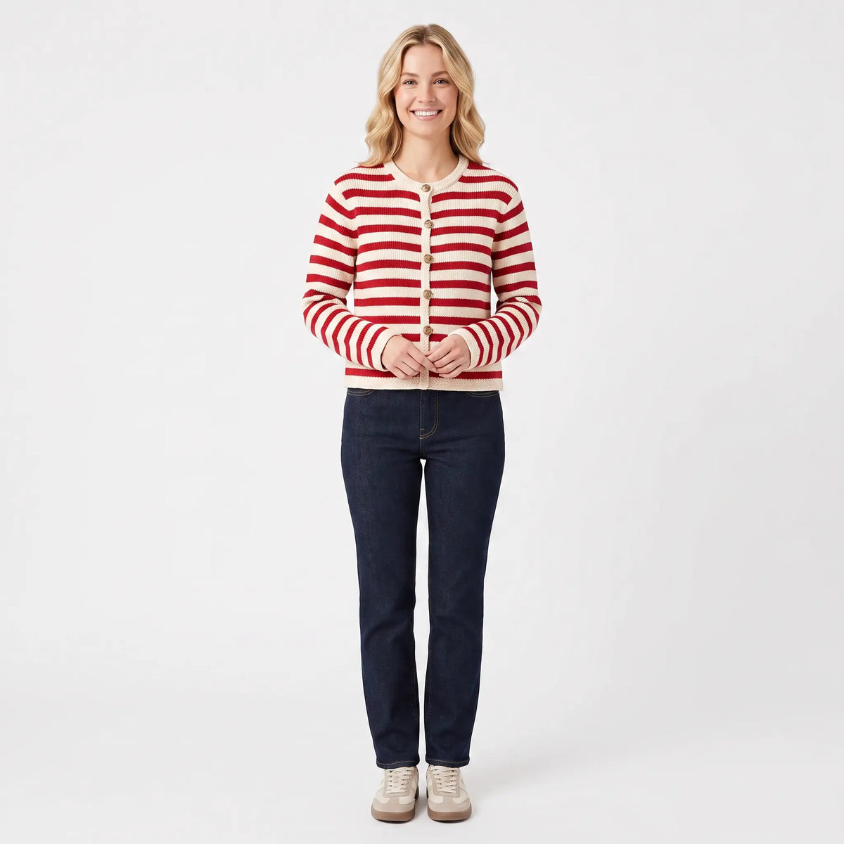 Women's Striped Cardigan Button-Front Crew-Neck Cropped Winter Sweater Edenforth