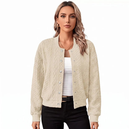 Women's Cable Knit Bomber Jacket Snap-Button Cropped Winter Cardigan Edenforth