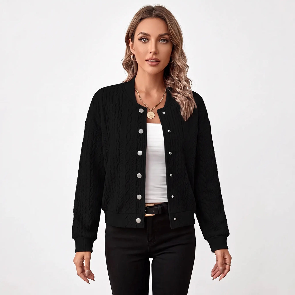 Women's Cable Knit Bomber Jacket Snap-Button Cropped Winter Cardigan Edenforth