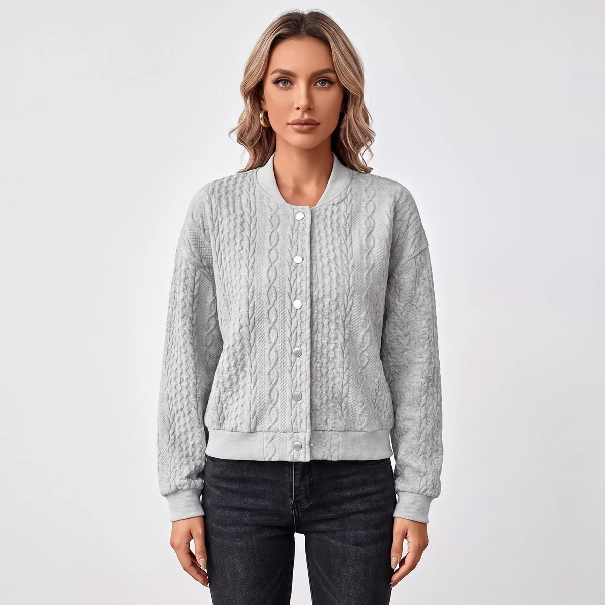 Women's Cable Knit Bomber Jacket Snap-Button Cropped Winter Cardigan Edenforth